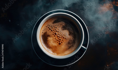 A cup of hot espresso coffee with a steam. Top view.
