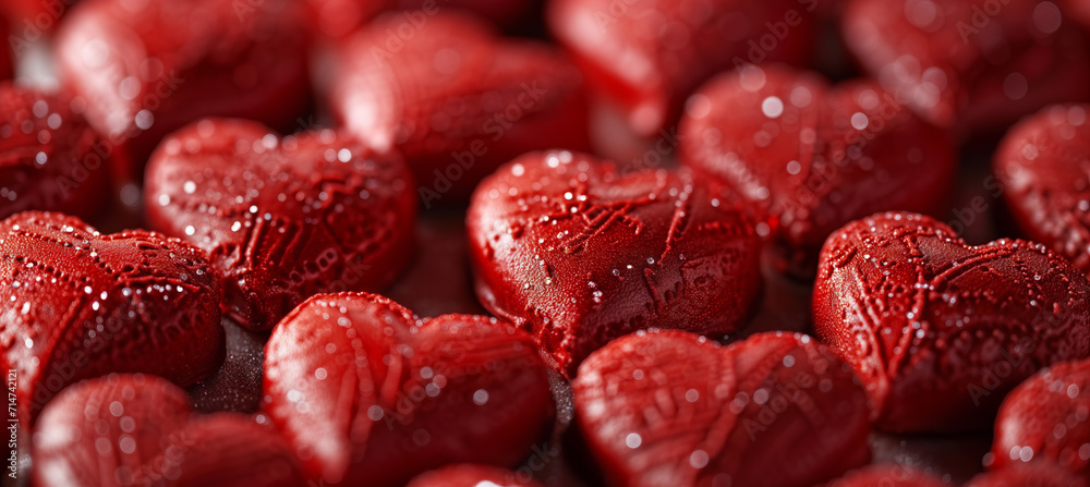 Glossy Red Heart-Shaped Candies Close-up. Close-up image of shiny red heart-shaped candies, perfect for expressing love and affection on Valentine's Day or other romantic occasions.