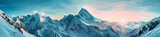 Majestic Snow-Capped Peaks at Dawn. Panoramic view of snow-covered mountains under a pastel sunrise sky.