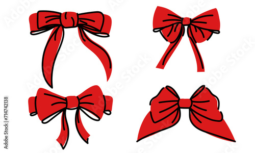 Set of various bows, ties, gift bows. Vector illustration, hand-drawn. Individual colorful design elements. Wedding celebration, holiday, party decoration, gift, gift concept. Red colors