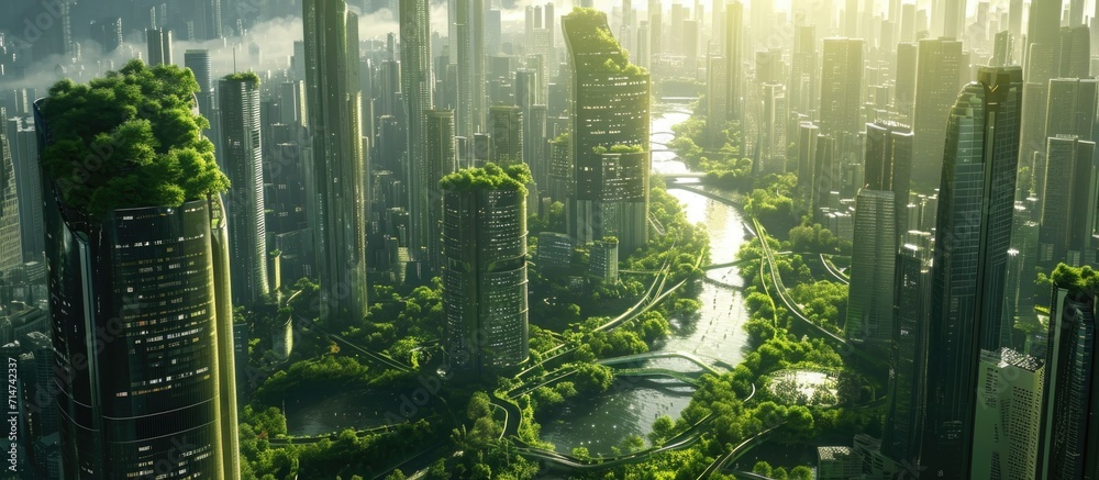 Obraz premium 3D scene of a futuristic eco-friendly city with tall buildings, skyscrapers, and green urban views.