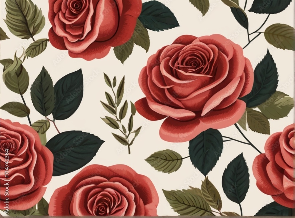 Seamless floral pattern with roses and leaves on a white background from Generative AI