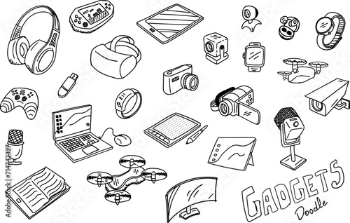 Set of hand drawn electronic gadgets doodle objects icons