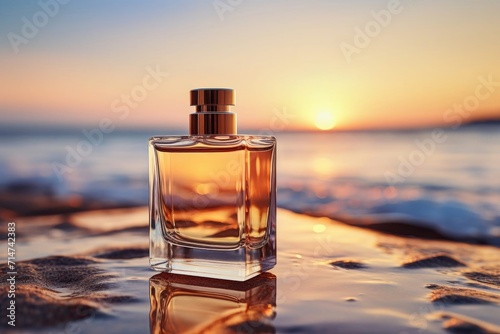perfume on the beach, luxury fragrance in nautical style, perfume bottle on a sand against the sea, Perfume bottle on water, perfume on the beach at sunset, product presentation, mockup , showing,