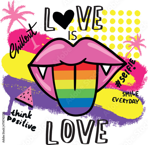 Vector  print for t shirt .  LGBT rainbow flag colors, love word , Typography print for t shirt and greating card. Vector