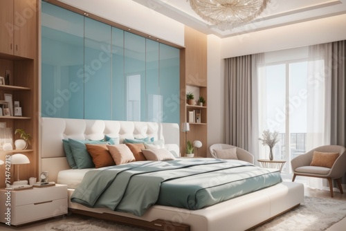 Interior home design of modern bedroom with wooden bed and furniture with elegant curtained window