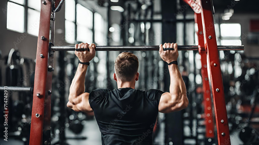 Muscular back of male bodybuilder while he is doing pull ups on ...