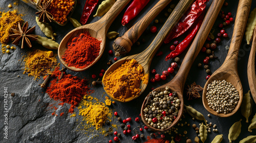 Assortment of spices and dry herbs. selective focus. Generative AI,