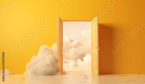 Open door in space with white cloud