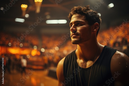A brooding man with a dark tank top stands indoors, his human face shrouded in mystery and emotion