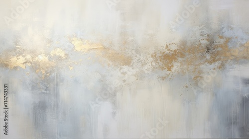 Textured abstract background, painting in white and silver with gold accents with distressed paint strokes, contemporary art, modern decoration 