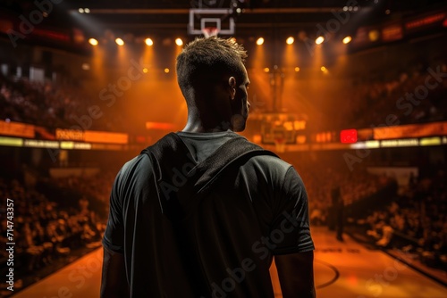 A stylish man stands confidently in the indoor auditorium, dressed in concert attire, as he surveys the energetic audience gathered in the basketball court turned arena