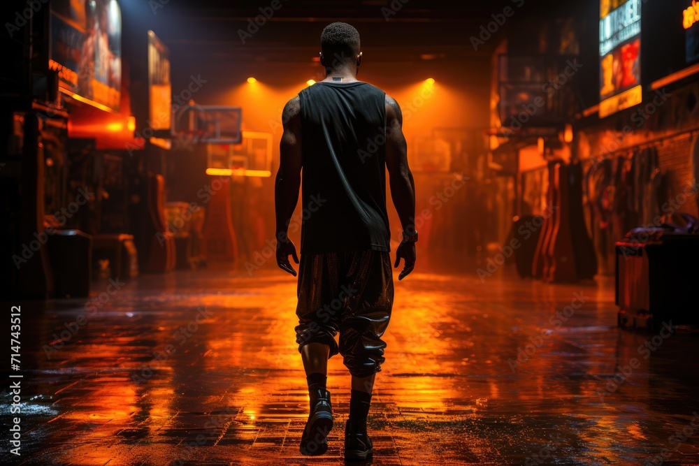 A solitary man braves the rain-soaked city streets, his dark clothing and sturdy footwear a stark contrast to the brightly lit gym building behind him as he walks towards his evening workout