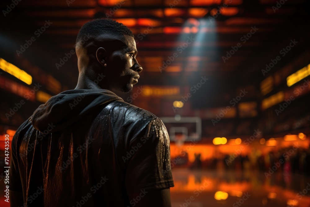 A solitary figure, illuminated by the indoor lights, stands in the basketball court, his wet shirt clinging to his sculpted frame as he gazes into the dark night