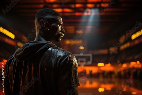A solitary figure, illuminated by the indoor lights, stands in the basketball court, his wet shirt clinging to his sculpted frame as he gazes into the dark night