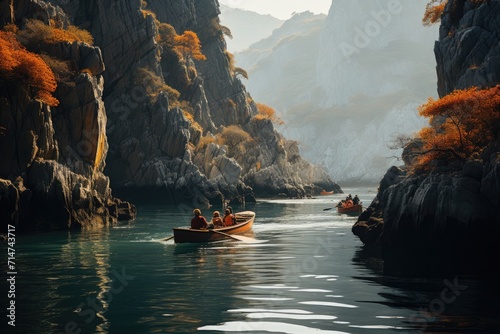 A foggy river adventure on a floating boat through a breathtaking landscape of mountains, ravines, and nature, with paddles in hand and the sound of water lapping against the watercraft © Larisa AI