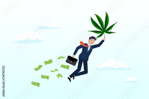 Rich man flying with cannabis leaf holding suitcase full of money banknotes, make money and rich with marijuana CBD oil or cannabis business, invest and earn millions in cannabis stocks (Vector)