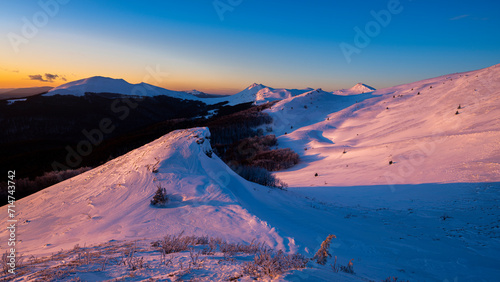 Fototapeta Naklejka Na Ścianę i Meble -  Winter sunset in the mountains. Bieszczady National Park, Poland.