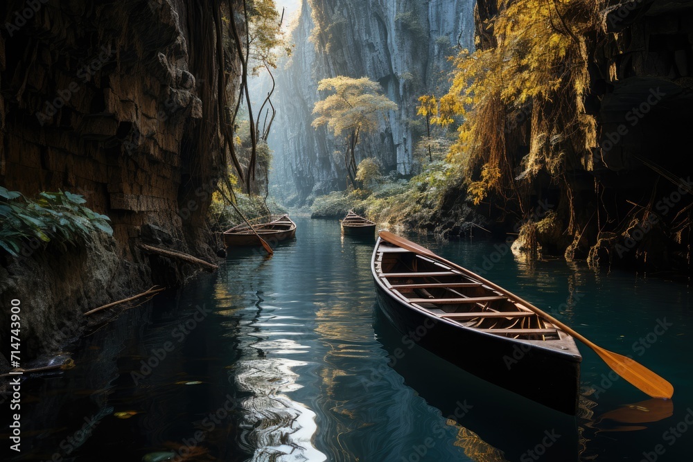 A serene scene of autumnal hues, as a lone boat glides through the winding river, surrounded by towering mountains and lush trees