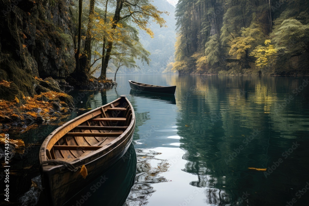Amidst the autumn fog, two boats float peacefully on the river, surrounded by the serene landscape of trees and mountains