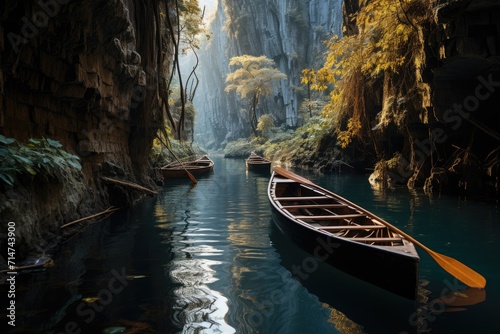 A serene scene of autumnal hues, as a lone boat glides through the winding river, surrounded by towering mountains and lush trees