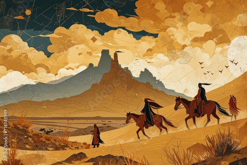 Whirling sandstorm nomads  wandering the desert in search of lost treasures - Generative AI