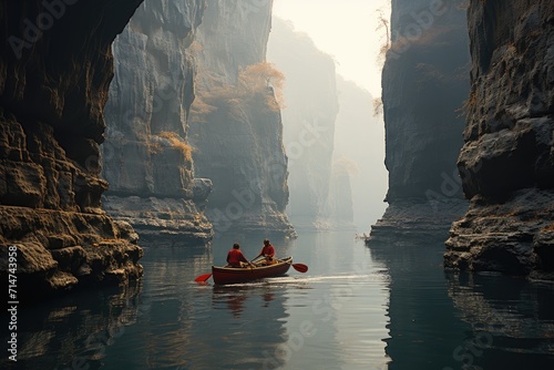 Amidst the breathtaking beauty of a rugged mountain landscape, two adventurers glide gracefully in a canoe down a winding river, their paddles slicing through the glistening water as they navigate pa © Larisa AI