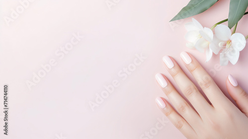 Beautiful and Bright Minimalistic Mockup with Woman s Hand with Manicure and Flower for Nails Master Baner