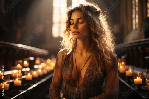 A serene woman stands before a flickering row of candles, her eyes closed in quiet contemplation amidst the warm glow of the indoor lights