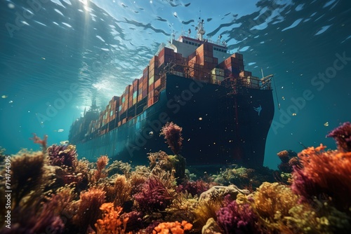 A diver explores the hidden world of a sunken container ship, surrounded by vibrant coral reefs and curious marine organisms in the crystal clear underwater world © Larisa AI