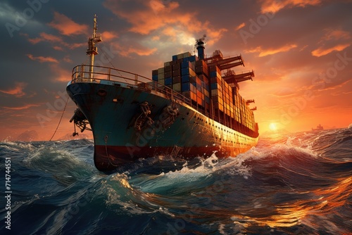 As the fiery sun sets over the vast ocean, a majestic ship sails through the shimmering waters, a symbol of naval architecture and a powerful vehicle for transport on the open sea