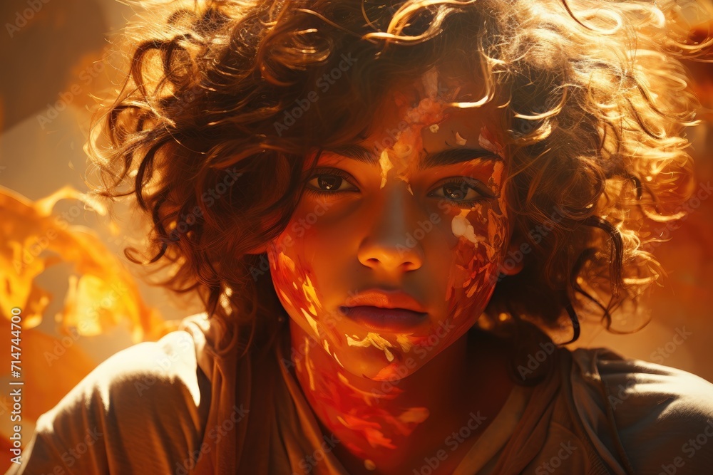 An eccentric woman basks in the warm sun, her curly locks framing her orange-painted face in a stunning portrait of individuality and freedom