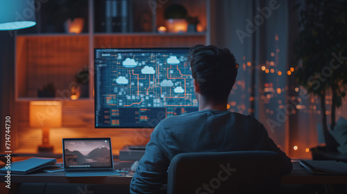 A man or programmer in a home office uses a computer laptop, looking at his laptop screen which shows a detailed cloud computing network diagram.