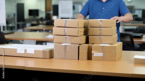 Delivery serviceman while working in a postal service warehouse. Male hands with parcels. Cardboard boxes with parcels from online stores at the post office.