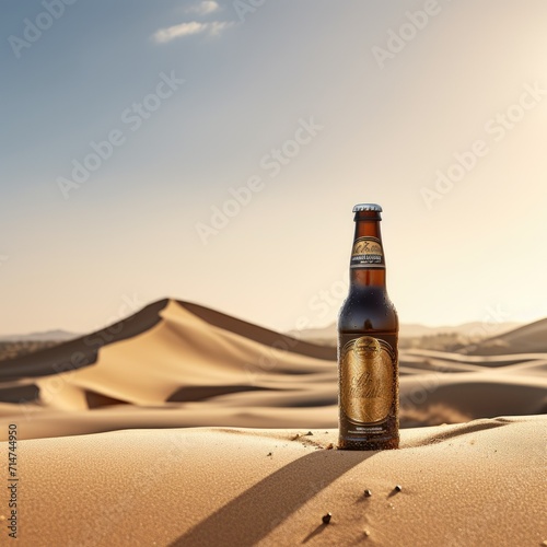 A bottle of beer on the sand in the desert.