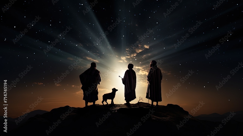 Silhouettes of ancient shepherds with goat looking into sky at Bethlehem star in starry night Silhouettes of ancient shepherds with goat looking into sky at Bethlehem star in starry night