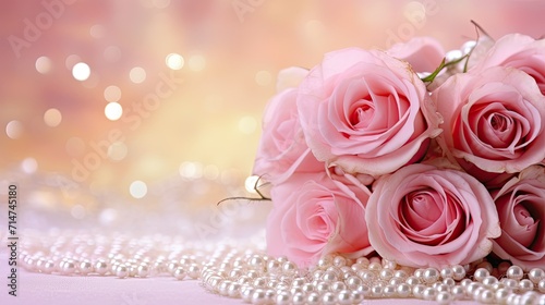 Fototapeta Naklejka Na Ścianę i Meble -  A bouquet of pink roses on a pink festive background. Copy space.