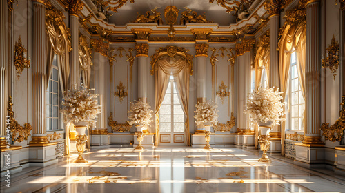 A classic extravagant European style palace room with gold decorations. Realistic illustration. wide format, Hand edited generative AI. photo