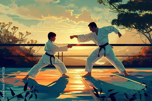 father and son practicing karate