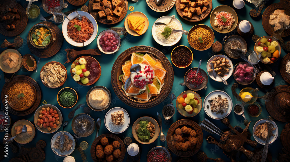 Delicious spread of traditional dishes for iftar during Ramadan