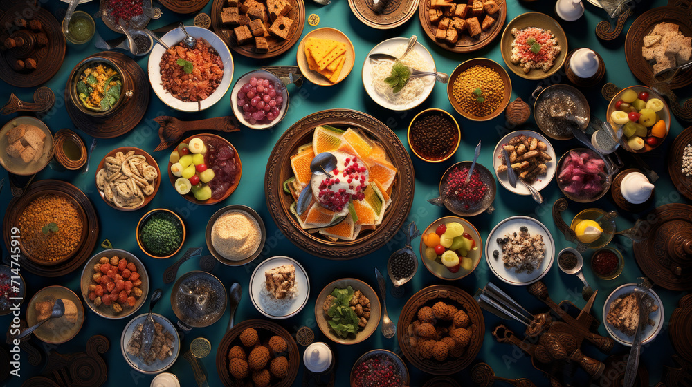 Delicious spread of traditional dishes for iftar during Ramadan Delicious spread of traditional dishes for iftar during Ramadan