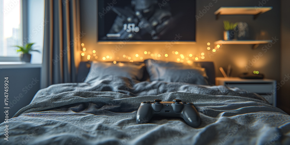 Modern stylish teenager's room interior with workplace and bed. bedroom of young man with  game controller or joystick, lying on the bed 