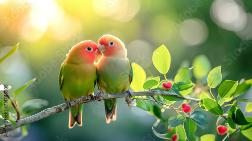 A pair of lovebirds perched on a branch with heart-shaped leaves, cute animals, Valentine's Day, dynamic and dramatic compositions, blurred background, with copy space