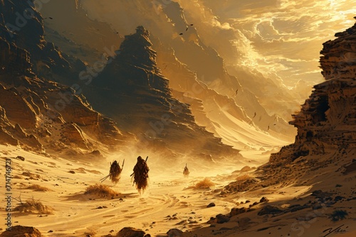 Whirling sandstorm nomads, wandering the desert in search of lost treasures - Generative AI