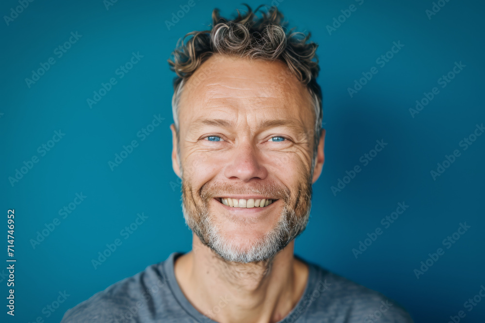 Obraz premium A man with curly hair and a beard smiles for the camera