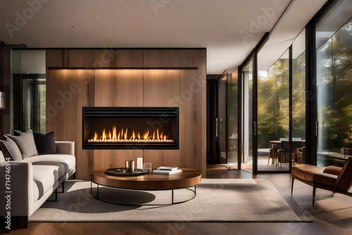 A modern interior design with a natural fire elegantly enclosed behind a glass door in a fireside. © Mehram