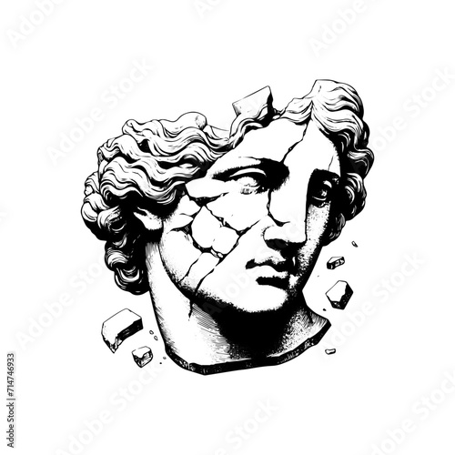 cracked statue head of greek sculpture sketch engraving style vector illustration. greek silhouette