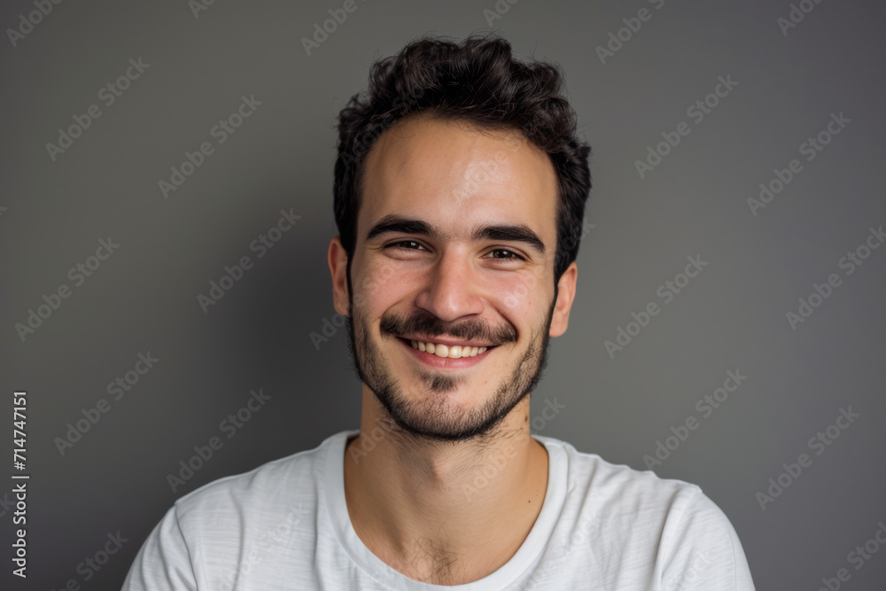 A man with a beard is smiling and wearing a white shirt A man with a beard is smiling and wearing a white shirt