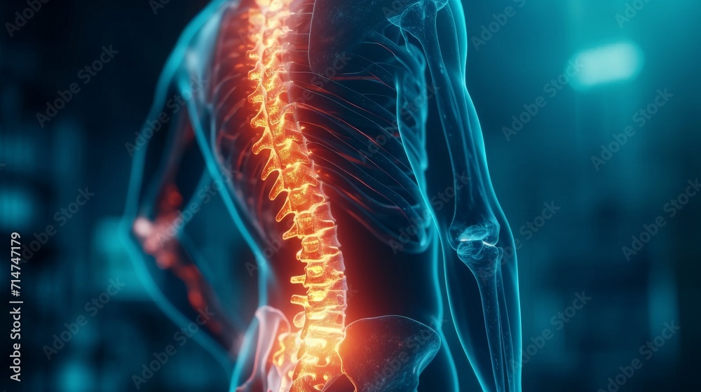 Person suffering from severe back pain, 3d rendered illustration of a painful back. - obrazy, fototapety, plakaty 
