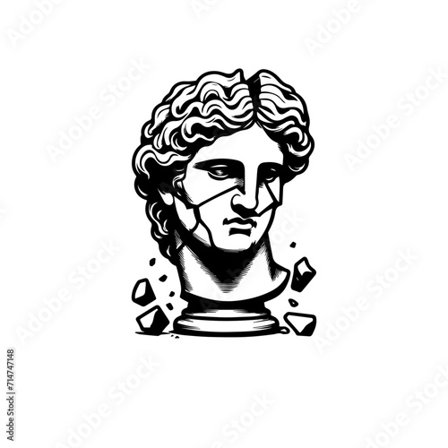 cracked statue head of greek sculpture sketch engraving style vector illustration. greek silhouette